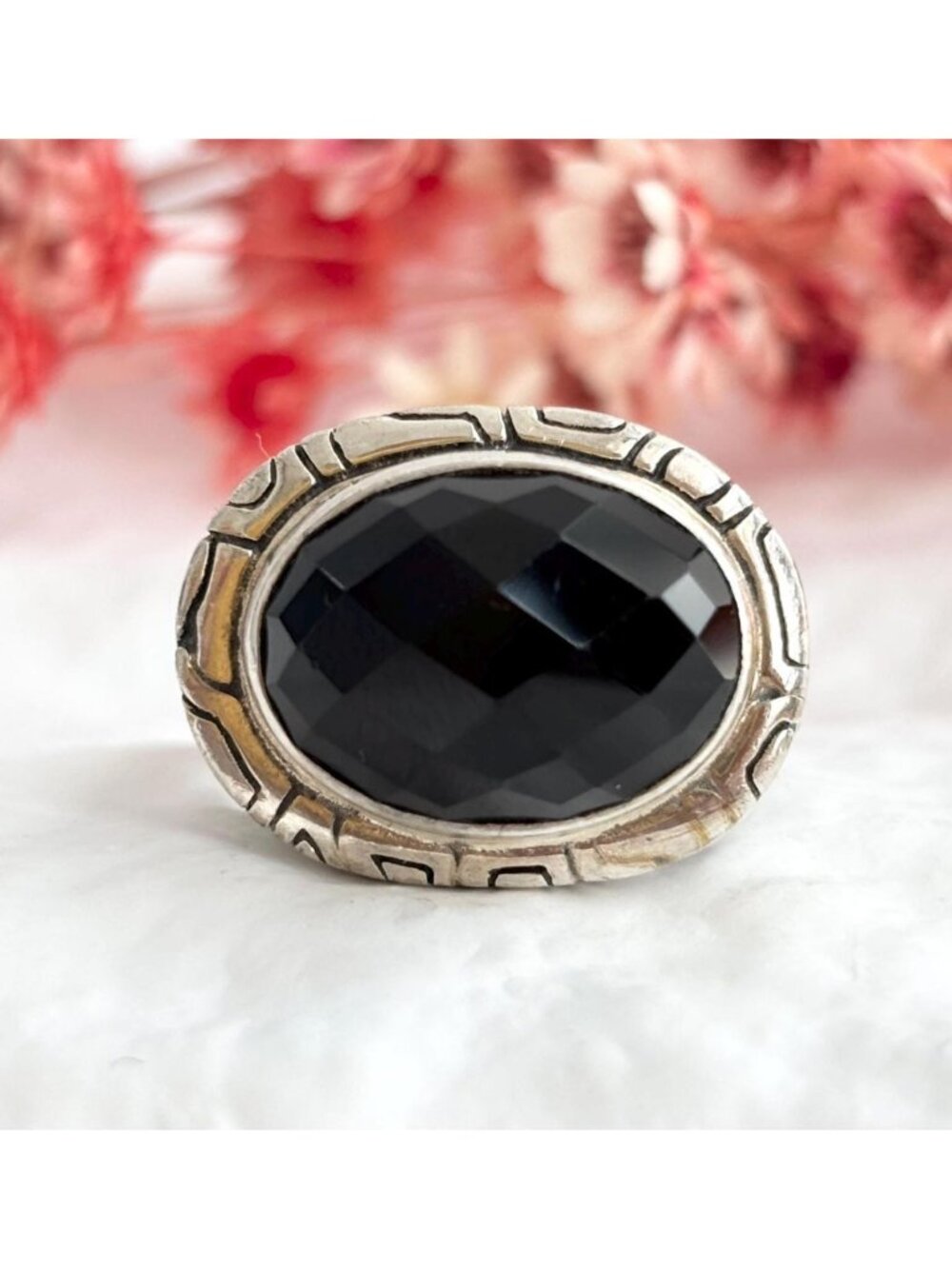 Black Onyx Southwest Style Bezel Set Sterling Silver 925 Vintage Ring - sz 8.75